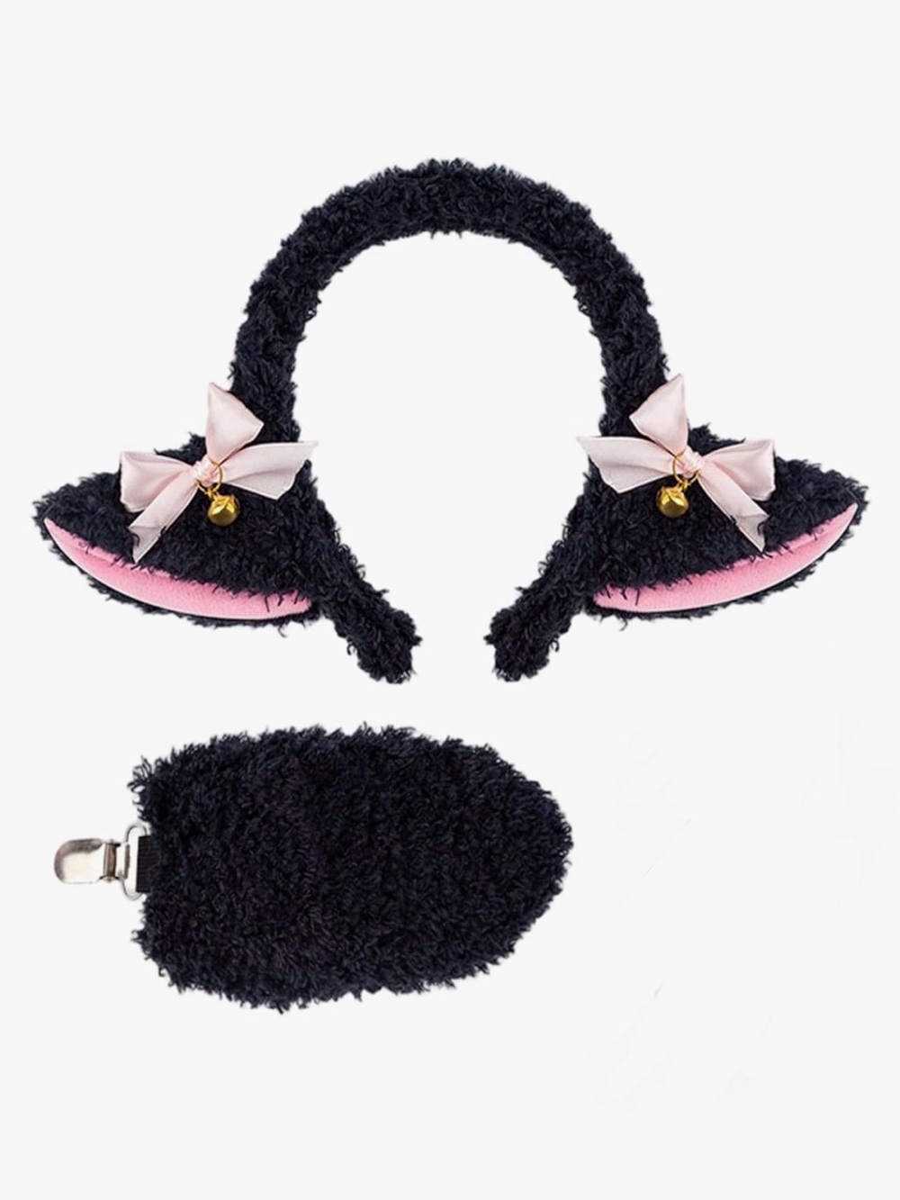 Black Fuzzy Lamb Ear Headband and Tail Accessory Set with Pink Bows